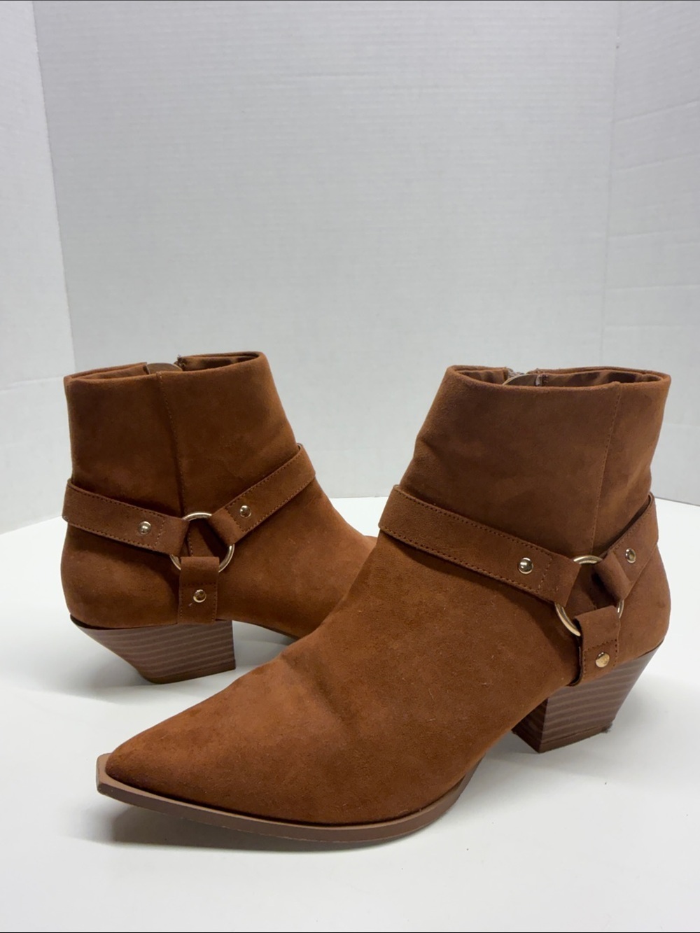 Asos Designs Aidan Ankle Boots Western Heeled Booties Ring Harness Brown Size 6
